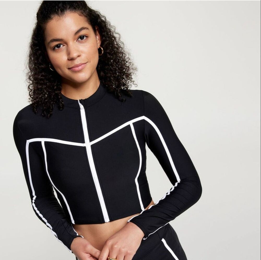 CALIA Cropped Zip Black and White Swim Rash guard Size Medium New